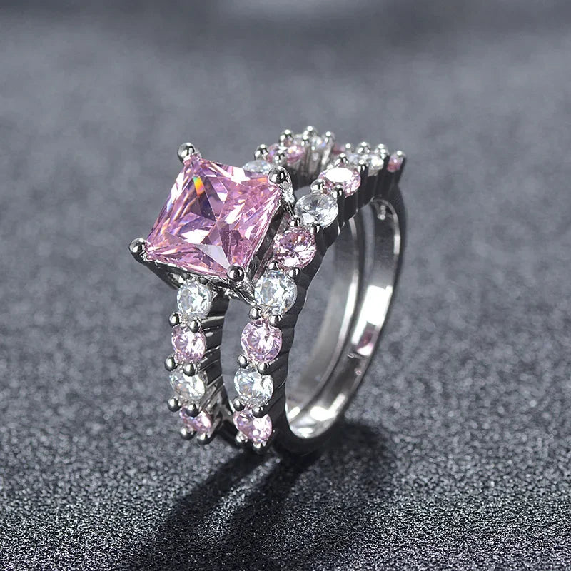 MOONSO 2 PCS Adult Women Fine Imitation Silver Copper Metal Large Princess-Cut Pink Cubic Zirconia Central Stone-Smaller White-Pink Stones Around It Bridal Wedding Round Solitaire Band Rings