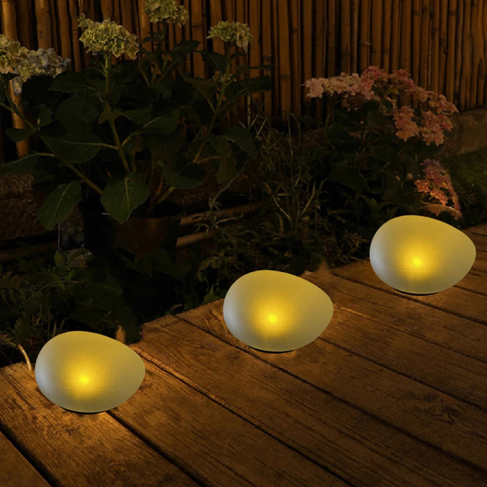 TWISTER.CK Outdoor Waterproof Solar-Powered Rechargeable Sliver Plastic-Sandblasted Glass Glowing Silver Cobble Stones Shaped Daylight-Cool White Stake Landscape Pathway Lighting /Colors-White/Brown/Yellow/Gold/Silver/Geometric