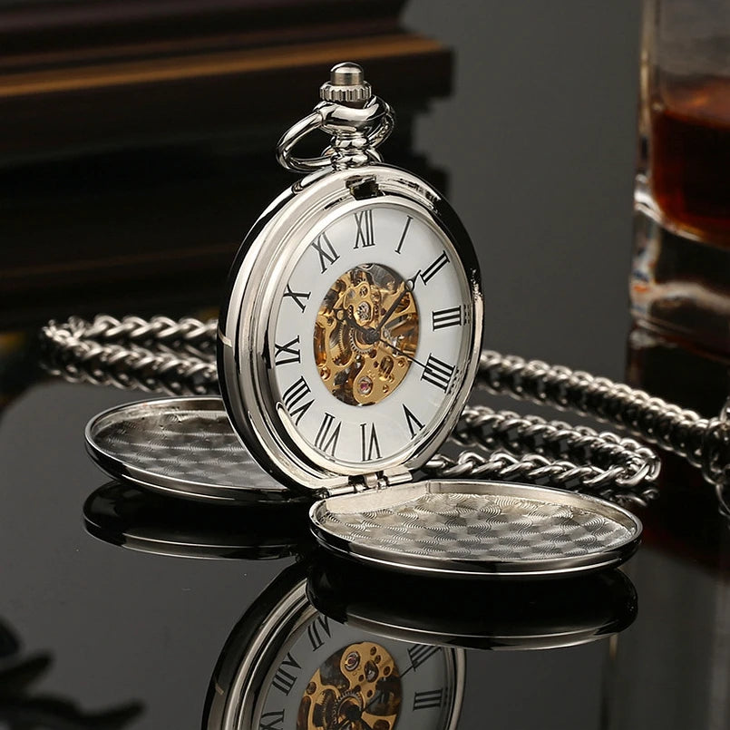 OHSEN Men Quartz Analog Display Acrylic Face Roman Numeral Stainless Steel Metal Round Case Double-Sided Skeleton Dial Transparent Back Cover Steampunk Mechanical Hand Wind Chain-Pocket Watches/Colors-Silver/Bronze/Gold/Black/Rose Gold