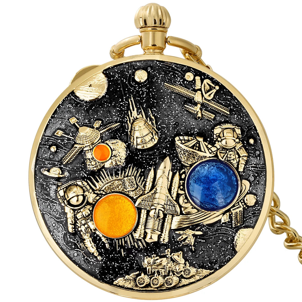 YISUYA Adults Men Quartz Acrylic Face Round Case Analog Display Black Background Gold Planets-Stars-Astronaut-Space Capsule-Shuttle-Satellites-Lunar Roving Vehicle Two Orange-Dark Green Stones Chain-Pocket Watches