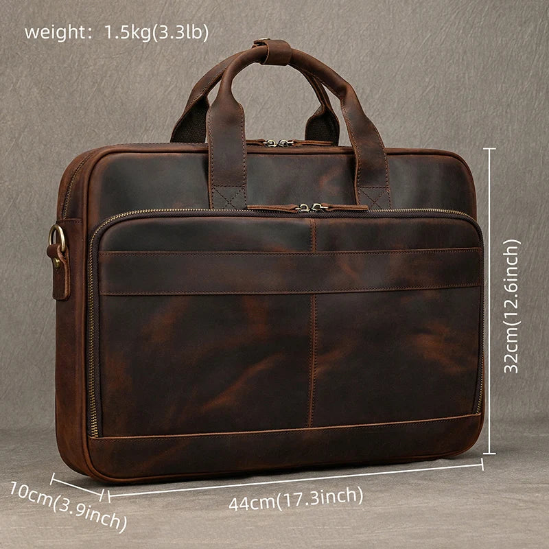 NEWSBIRDS Men Modern Rectangle Shaped Brown-Black Genuine Cowhide Leather Built-In 14-15.6 Inch Single Laptop Compartment Metal Zipper Two Handles-Detachable-Adjustable Shoulder Strap Briefcases