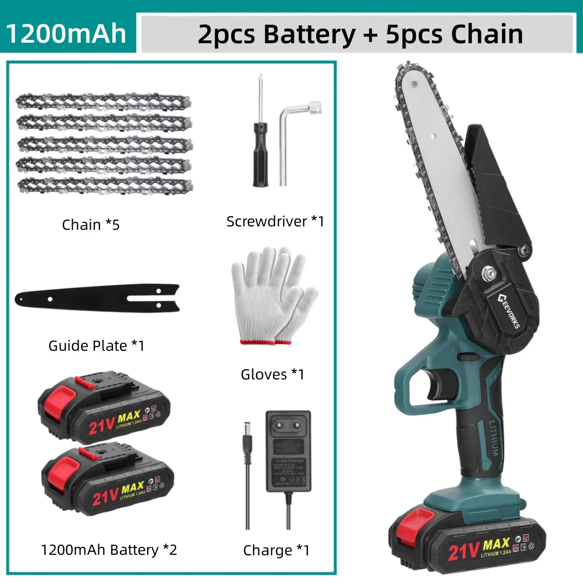 GEEVORKS Outdoor Home DIY Plastic Green-Black Body 6 Inch Handheld Mini Cordless Lithium Battery-Powered Rechargeable Brushed Motor 21V Electric Portable Wood Cutting Adjustable Tension Pruning Metal Chainsaws/Colors-Green/Black/Gray/Red/