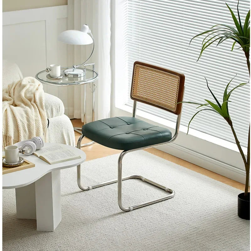 No-EN-Name-Null Nordic Armless Woven Rattan Brown Solid Wood Beige Meshed Hard Backrest-Faux Leather Seat Cushion Silver Stainless Steel Metal Frame-Legs Kitchen-Dining Room Chairs/Colors-Brown/Green/Black/Gray/Orange
