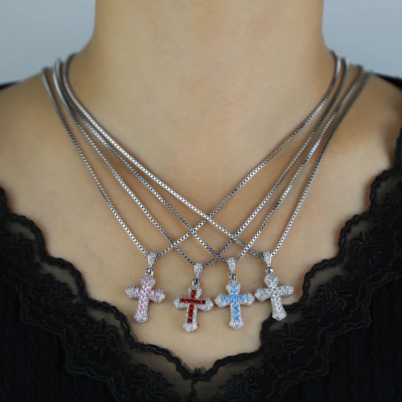 ATJMLADY Unisex Fine Imitation Silver-Plated Stainless Steel-Copper Metal Shiny Clear White-Multicolor Small Cross Pendant Box Link Chain Necklaces/Colors-Pink/Purple-Black/Multicolor/Sliver/Blue