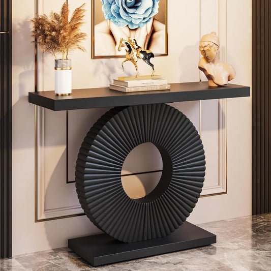 TONGYUE Modern Black Thick Wood Top Narrow Long Entryway Geometric Round Flower Face Shaped Base Curved Lines Accents Console Tables/Colors-Black/White/Gray