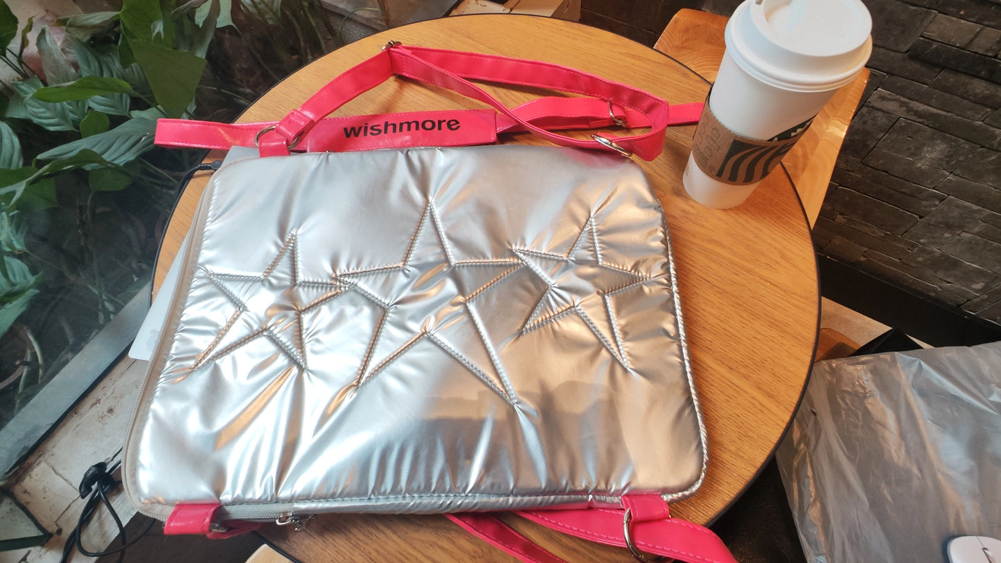 No-EN-Name-Null Modern Kids Waterproof Silver Rectangle Wish-More Single 14 Inch Laptop Compartment Zippered Polyester Lining  Cool Star Space Theme Design Crossbody Soft Adjustable Shoulder Pink Straps-Handles Laptop Backpacks