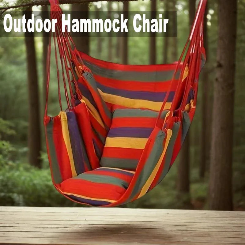 No-EN-Name-Null Outdoor Striped Red One Person Handmade Soft Durable Breathable Densely Woven Cotton Canvas Fabric Hanging Hammock Solid Seat Swing Chairs/ 200KG Load Bearing/Colors-Red/Striped/With Pillow-Cushion/NO Pill-Rip/Weight Max : 400LBS