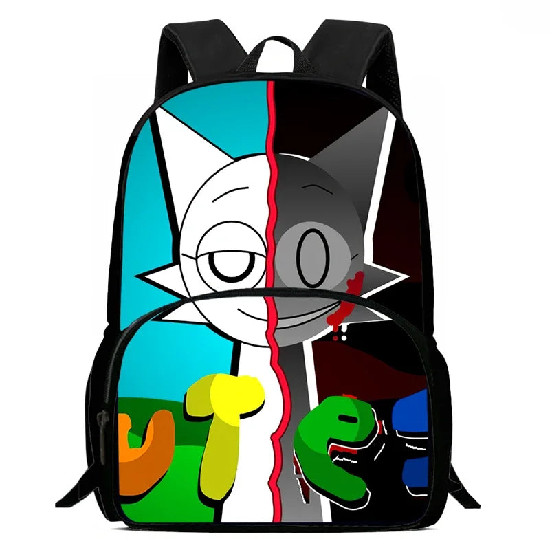 MINISO Kids Waterproof Nylon Fabric 3D Digital Print Cartoon Anime Music Box Sprunky Kids Full Mode Curved Back School Backpacks/Lunch Bag-Pencil Bag/Exterior Pockets/Laptop Compartment/Colors-White/Black/Blue/Multicolor