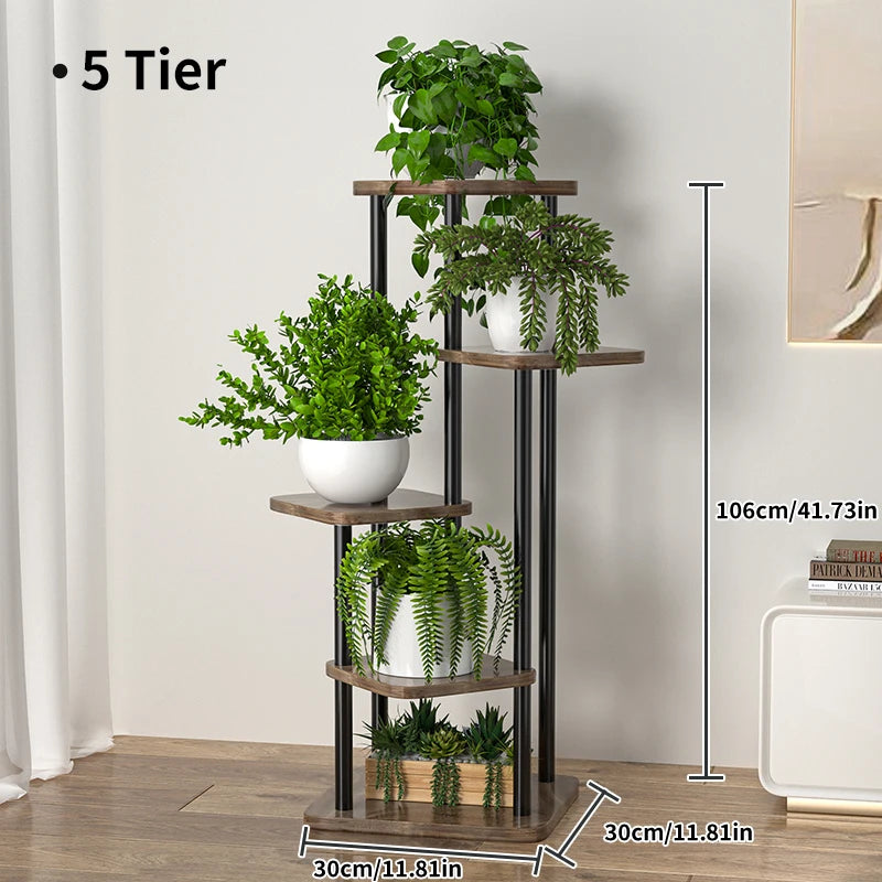 MTSHINING Wood 8 Tier Multi-Layered Shelves Iron Metal Plant Stands/Colors-Black/White,/Brown