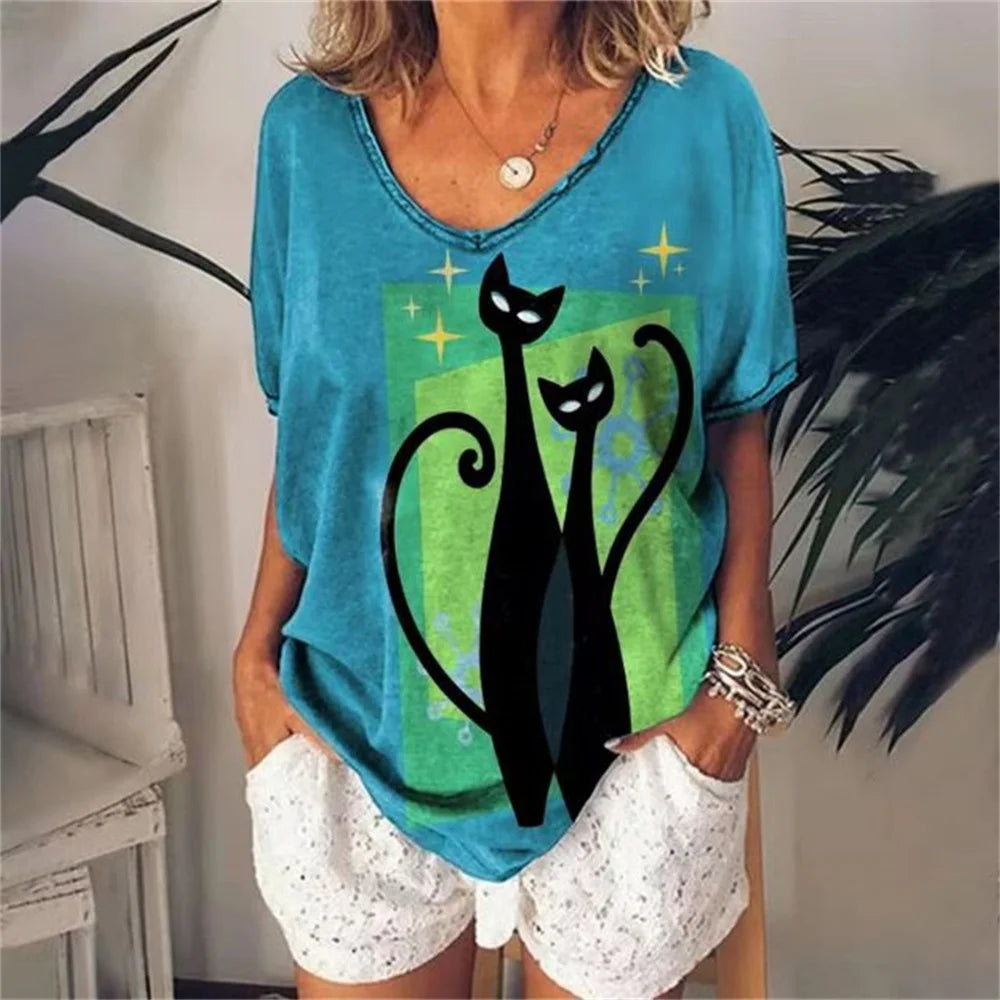 No-EN-Name-Null Women Knit V-Neck Medium Length Cute Cartoon Anime Cat Shaped Stretchable Cotton-Lycra Short Sleeved T-Shirts/Sizes: S-2XL/Colors-Green/Gray/Animal/Checkered/Floral