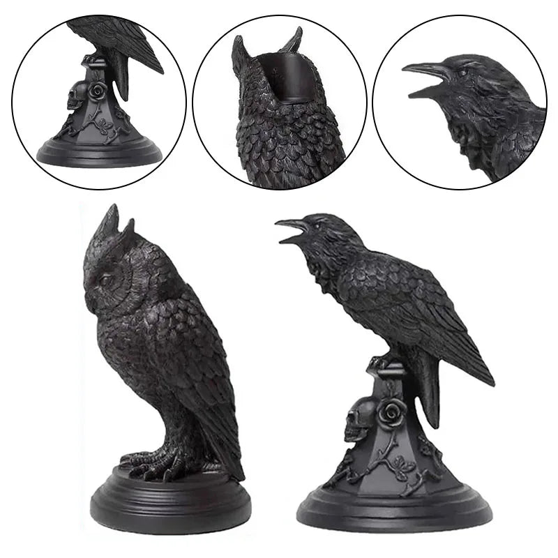 WHISM Classic Halloween Black Gothic Crow-Owl Bird Shaped Resin Candlestick Holder