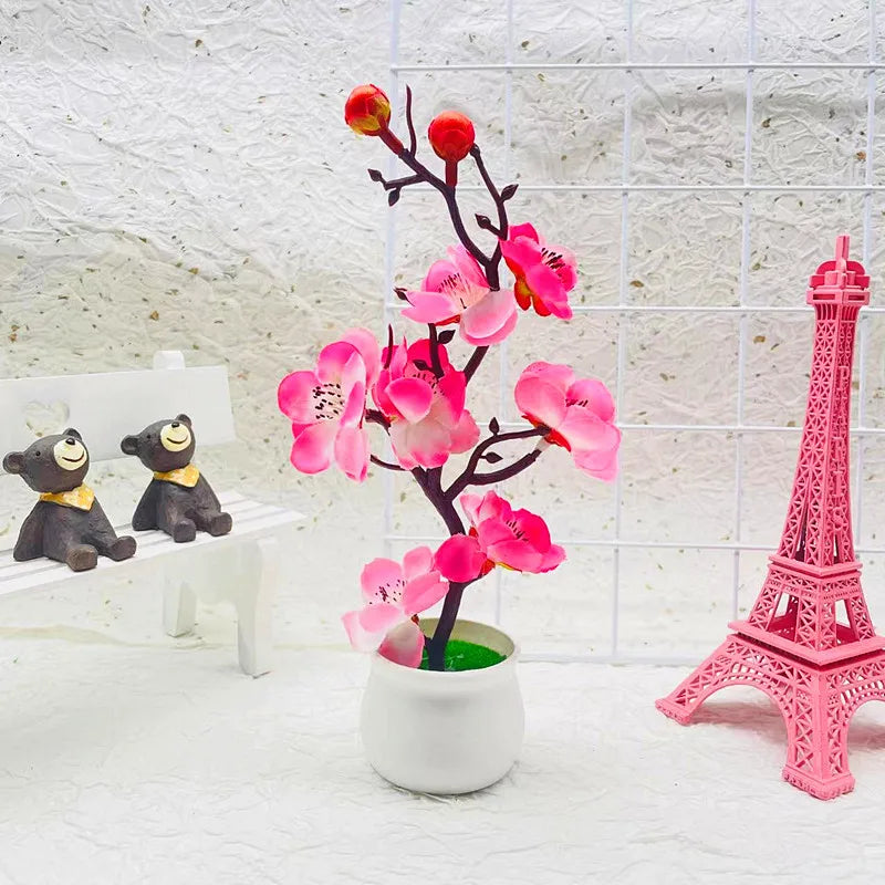 Small Plastic Artificial Realistic Red Bonsai Rosales Flowering Plum Blossom Potted Plants