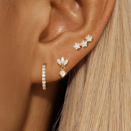 MAODANE 3 PCS Adult Women Fine Imitation Stainless Steel Metal Geometric Gold-Silver-Plated Cubic Zirconia Push-Back Stud Earring Sets