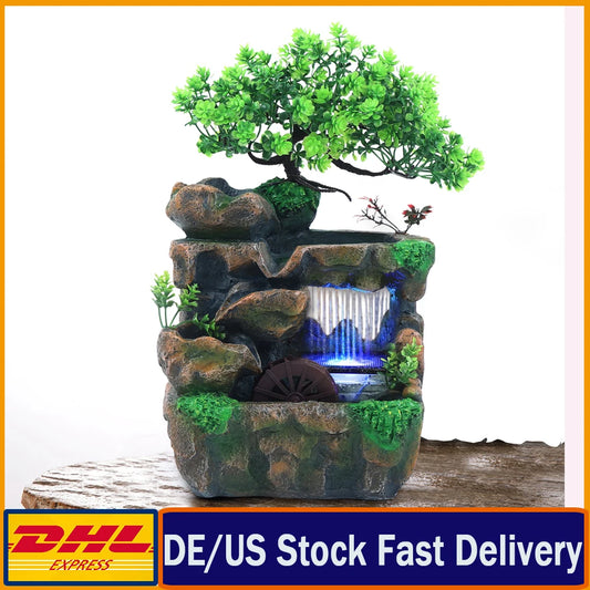 Indoor LED Lights Resin Green Bonsai Tree Gray Rocky Mountain Landscape Brown Wheel Flowing Waterfall Fountains