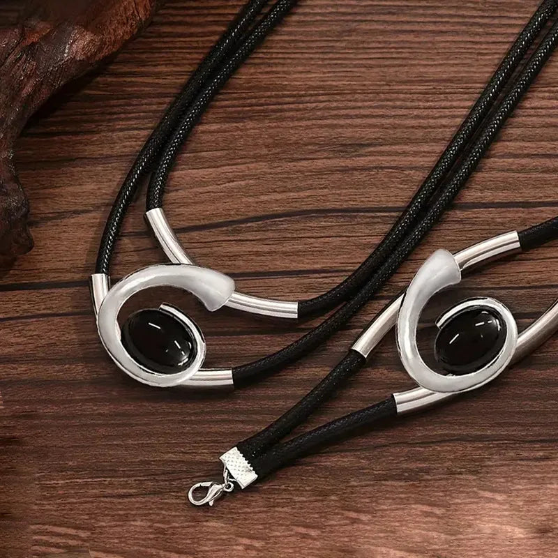 2 PCS Women Vintage Bohemian Acrylic Black Mood Stone Metal Gold-Silver Colored Geometric Spiral Imitation Pendant Necklace-Bracelet  Sets