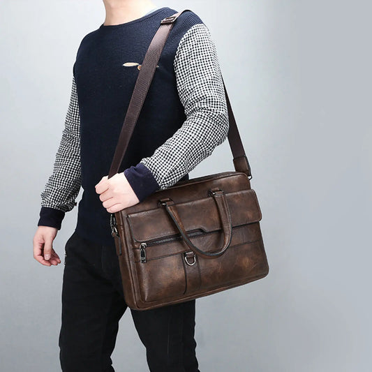 Men Waterproof Split Leather Zipper Briefcase Polyester Bags/Handles/ Shoulder Straps/Fits 14 Inch Laptop/Adjustable-Removable Strap/Single-Laptop Compartments/External Pockets/Colors-Black/Brown