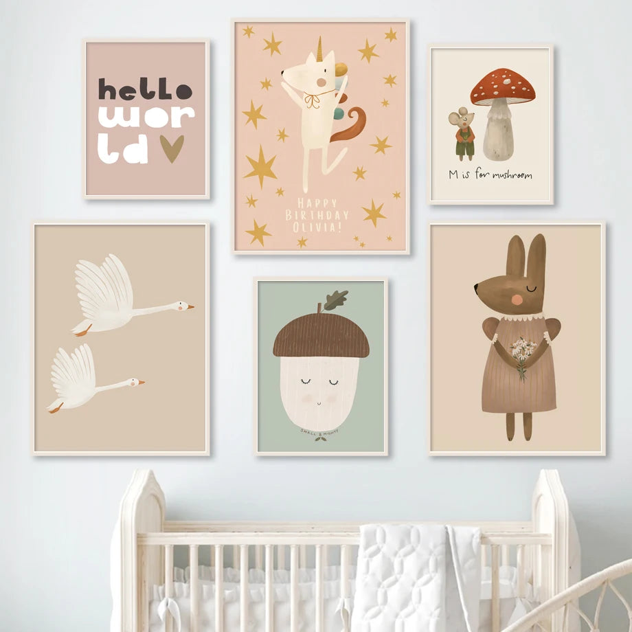 No-EN-Name-Null Retro Unframed Waterproof Ink Nature Cartoon Animals Canvas Rectangle Wall Art Prints /Color- Multicolor