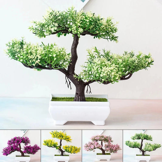 Green Outdoor Plastic Artificial Magnoliopsida Small Floral Bonsai Tree Plants-Rectangle Pot