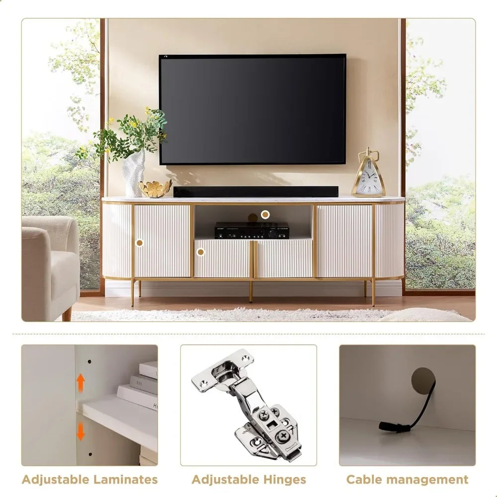No-EN-Name-Null Modern Adjustable Dimensions Cable Managing-White Fluted Gold Metal Accents Curved Profile Design Entertainment Centers-TV Stands /Holds TVs Up to 80 inches/Colors-Navy Blue/White/Natural Oak