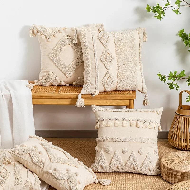 Tufted Beige Embroidered Linen /Polyester Tasseled Throw Pillows /Sizes -45 x 45cm /30 x 50cm