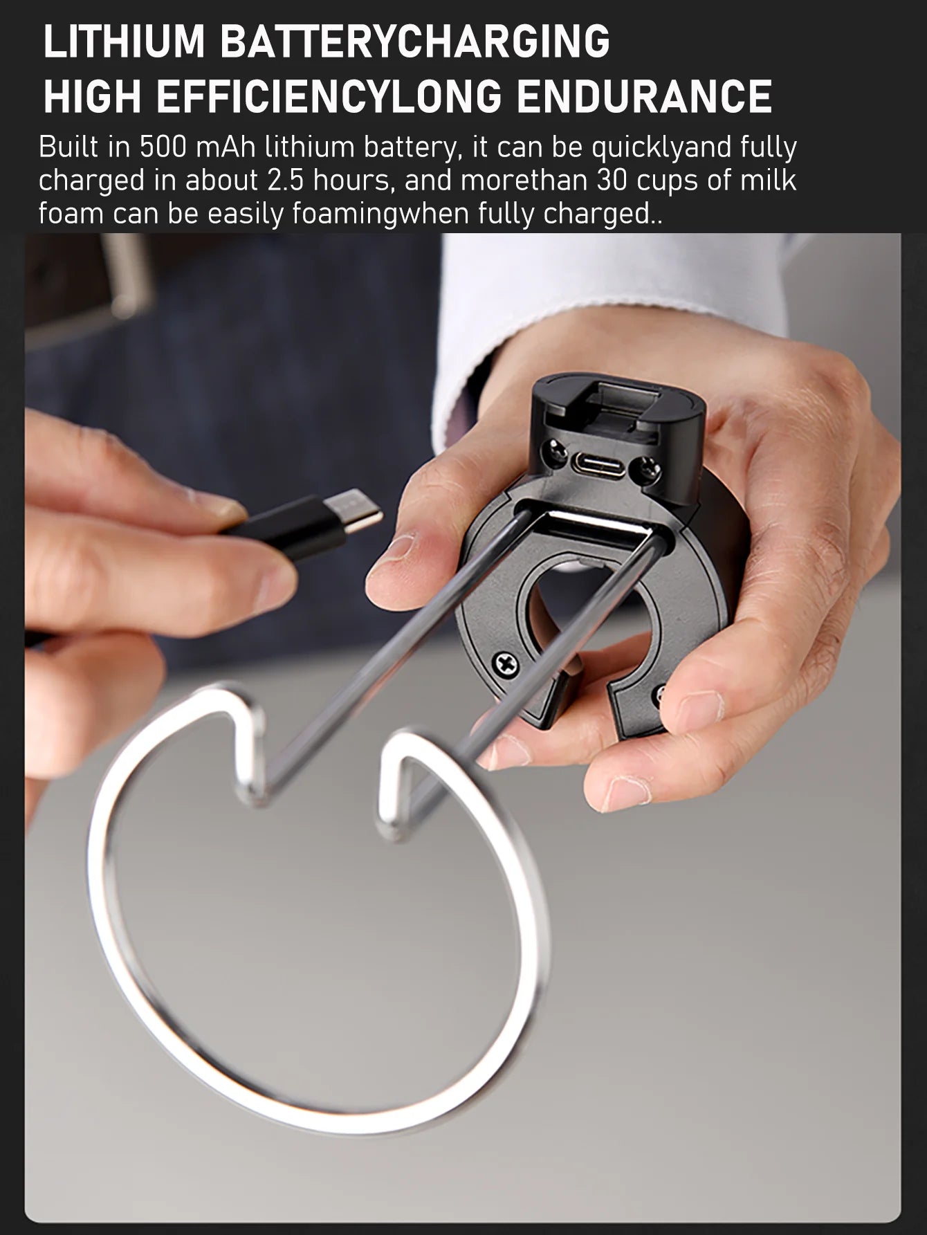 USB Black Rechargeable Handheld Stain Steel Stirring Head Electric Milk Frother Wand