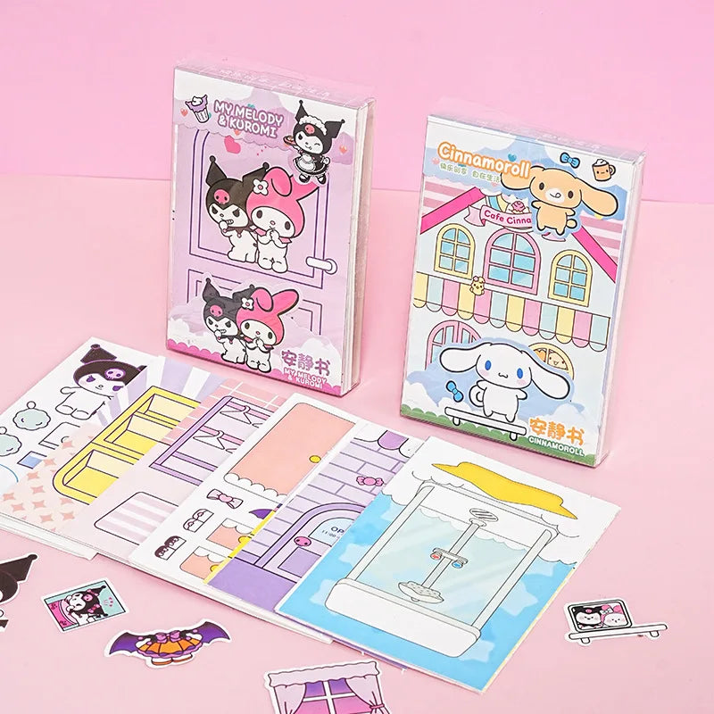 MINISO Kids Mini Sanrio Kawaii Reusable Quiet Book Six Themes Cartoon Scenes Multicolor Paper Stickers-Stickers Machines/Ages: 3-12 Years Old/Colors-Multicolor/Pink/Purple/Checkered