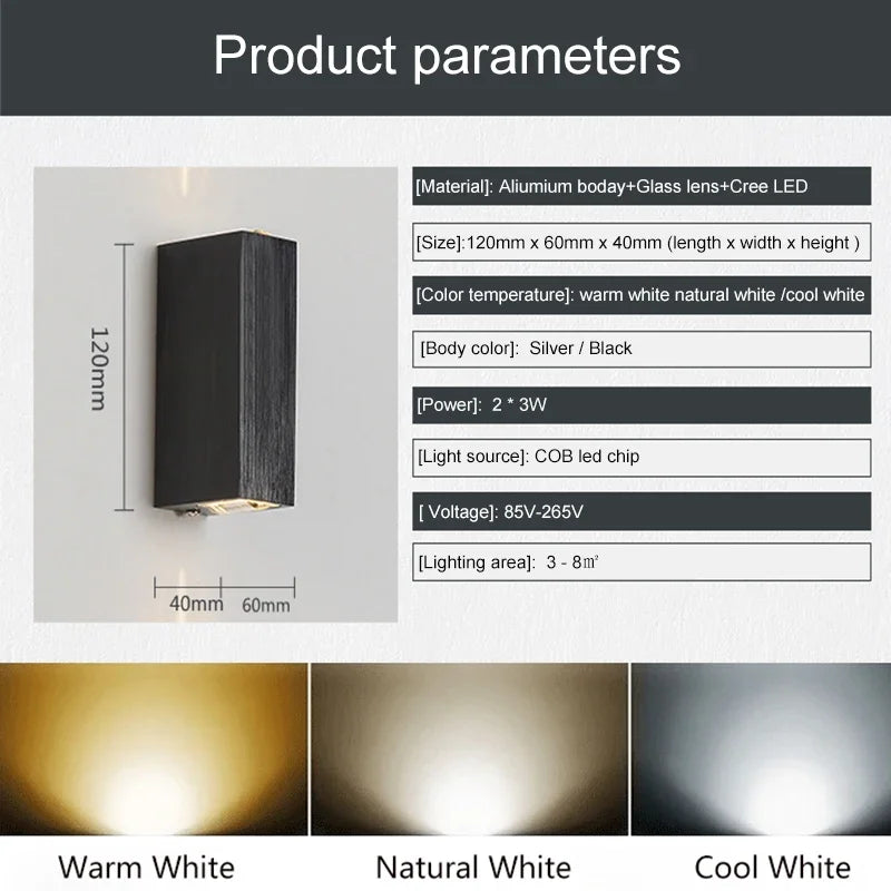 ELEVEN MASTER Outdoor Modern Waterproof Glazed Aluminum Metal Body Cool-Warm White LED COB Light Chip Emitting Up-Down Brushed Silver-Black Vertical Rectangle AC-Powered Borosilicate Glass Wall Light Fixtures