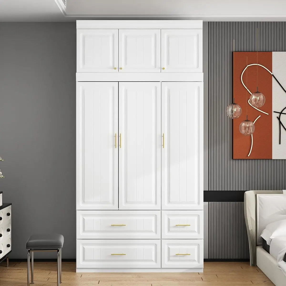 XMSJ Modern White MDF Wood Three-Doors Top Cube Storage One Hanging Rod Gold Metal Handles Four Drawers Bedroom Armoire Triple Wardrobes/Shelves/Dimensions: 47.2"W x 20.6"D x 93.9"H