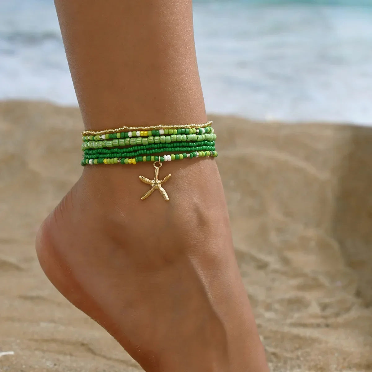 No-EN-Name-Null Women Geometric Multilayer Bohemia Acrylic Rice Bead Starfish Pendant Cable Chain Link Anklets/Colors-Brown/Gold/Geometric/Multicolor
