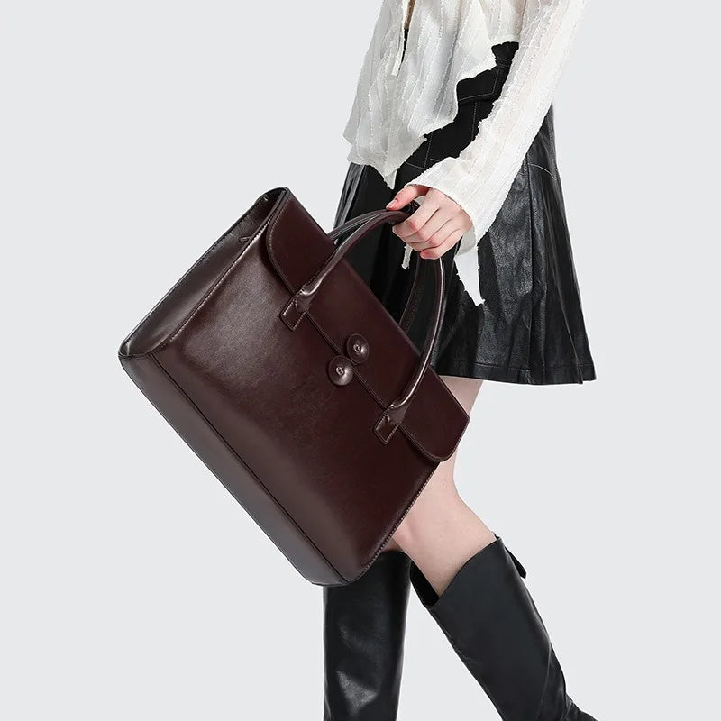 RTRS Women Genuine Brown-Black Cow Leather Built-In 14 Inch Laptop Compartment Internal Padding Hasp Closure Soft Two Carry Handles-Strap Polyester Lining Rectangle Briefcase Handbags/Protective Sleeves Inside/Suitable For 14 Inch Laptop