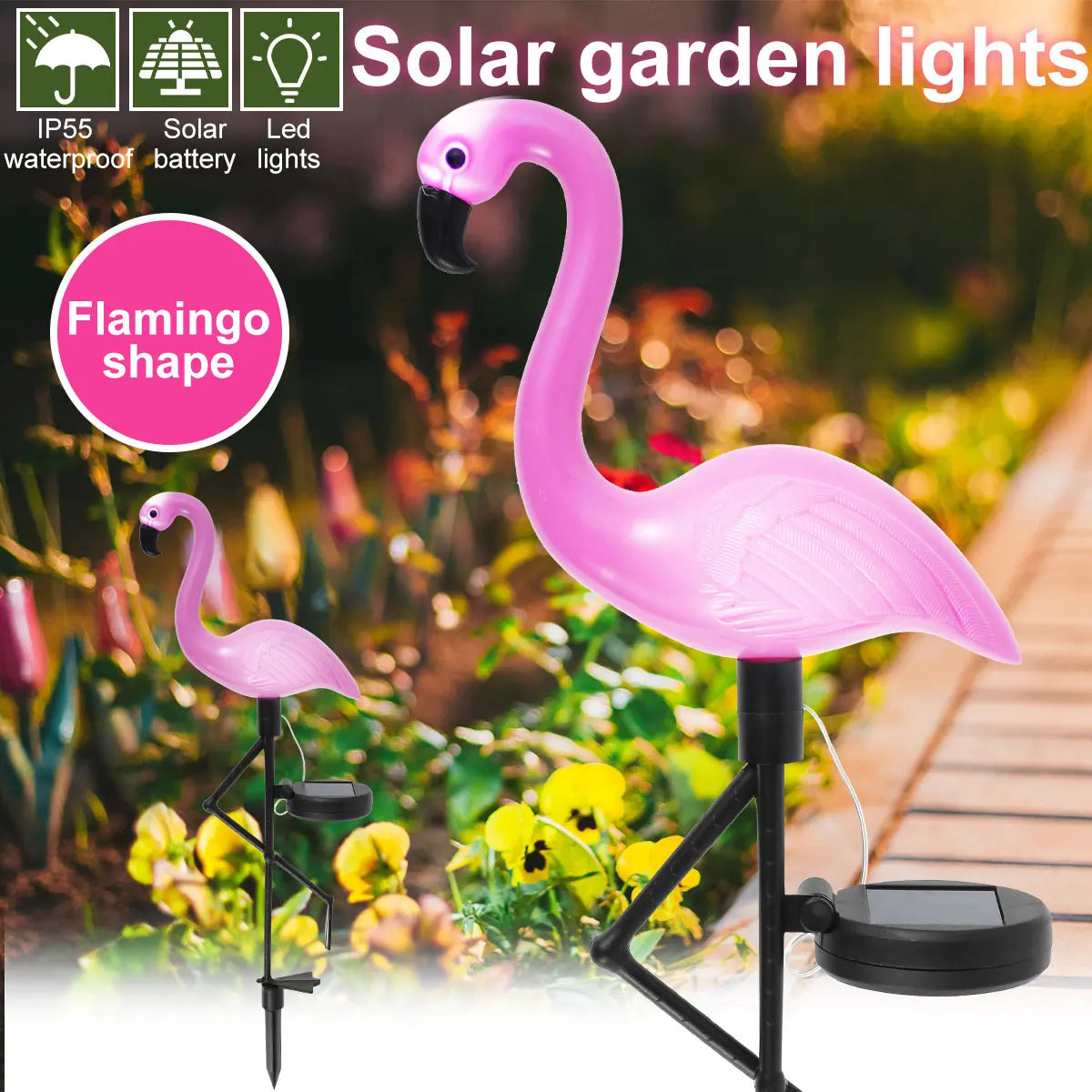 GHOPY 1-3 PCS Waterproof Solar-Powered Pink Flamingo Plastic Body Black Bent Long Legs Shaped Dimmable Stake Landscape Pathway Lighting Sets/Bulbs Included