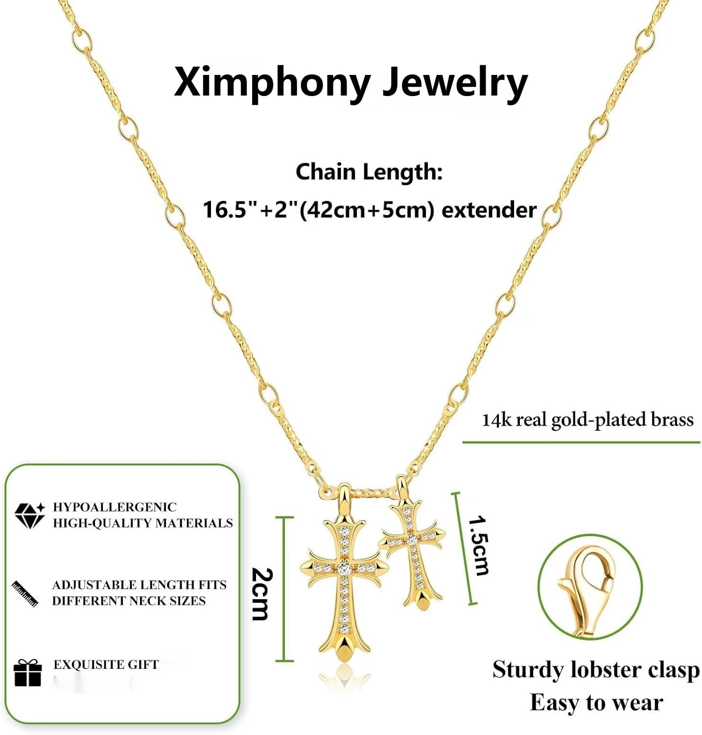 No-EN-Name-Null Women Fine Imitation 18K Gold-Plated Brass Metal Clear White Shiny Diamond-Like Stones Two Cross Pendants Chain Lobster Clasp Necklaces