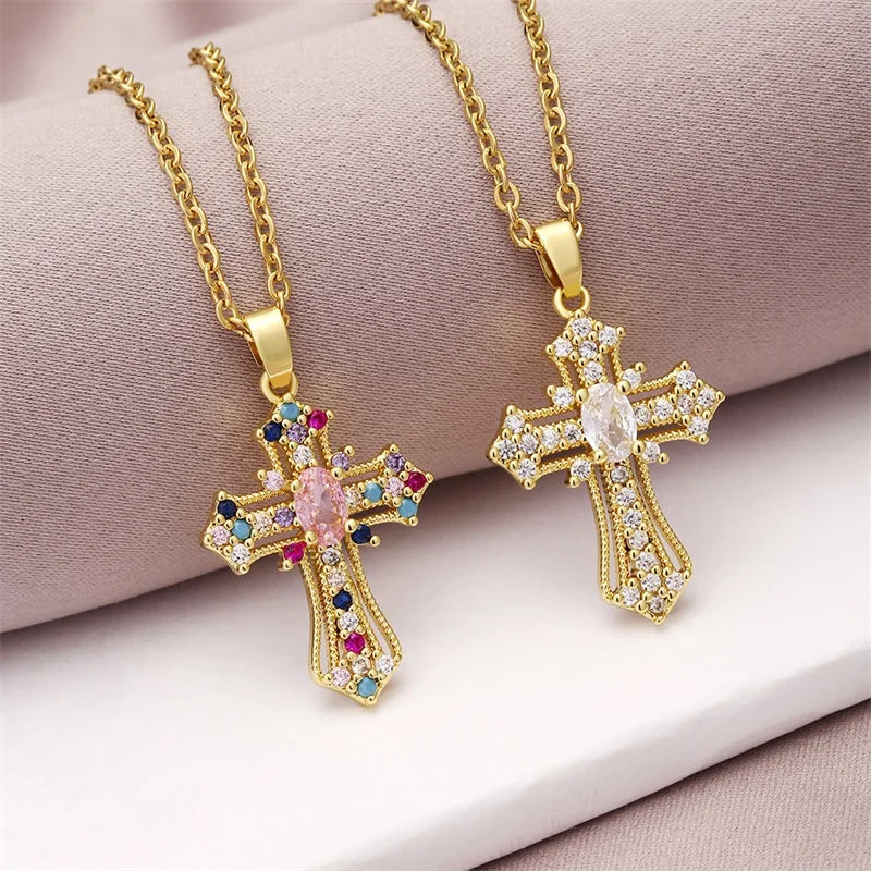 No-EN-Name-Null Women European-American Stainless Steel Gold-Plated Metal Imitation Jewelry O-Chain Shiny Clear White Diamond-Like-Multicolor Gemstones Large Punk Cross Pendant Necklaces/Colors-Multicolor/Clear/Pink/Gold/Geometric