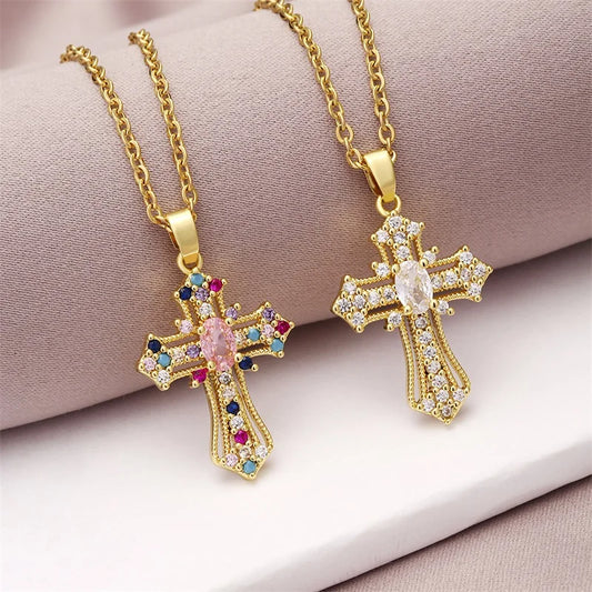 No-EN-Name-Null Women European-American Stainless Steel Gold-Plated Metal Imitation Jewelry O-Chain Shiny Clear White Diamond-Like-Multicolor Gemstones Large Punk Cross Pendant Necklaces/Colors-Multicolor/Clear/Pink/Gold/Geometric