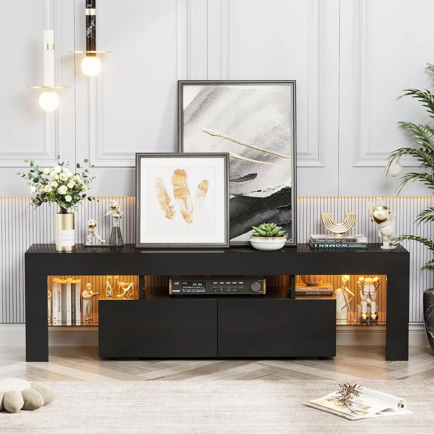 XMSJ Modern Black-White Two Glass Shelves Atmosphere 20 LED Lights TV Stands/2 Drawers/Dimension: 61" W x 13" D x 17.7" H