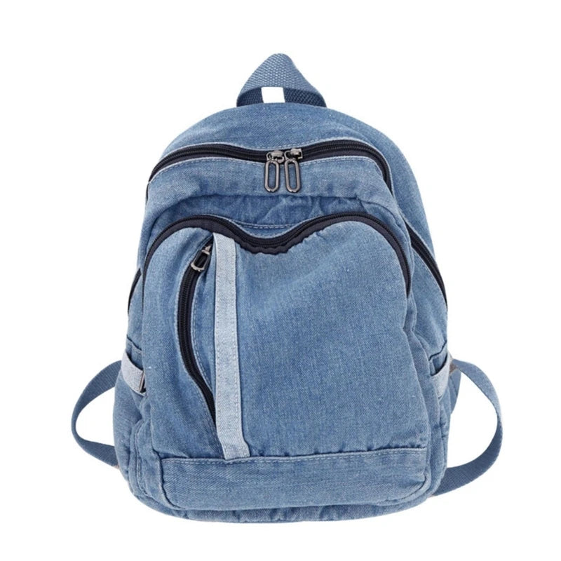 BAELLERRY Light Blue-Deep Blue Denim Jeans Fabric External Metal Zippers-Pockets Canvas Lining One Handle-Two Adjustable Shoulder Straps Large Main Compartment School Backpacks/Water Bottle Holder