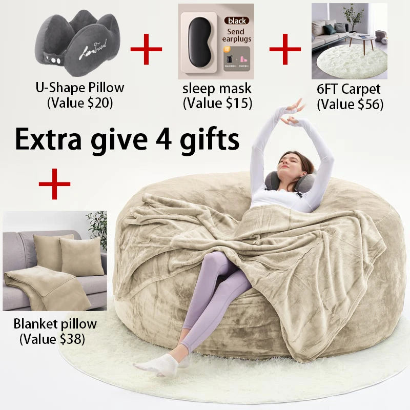 No-EN-Name-Null Modern Italian Design Large Three Seat Soft Plush Brown Round PU Polyester-Flannel Fabric Bean Bag Chairs/Zippered /Removable-Washable Cover/Extra 4 Gifts Included/ Sponge Filler Included /Colors-Gray/Beige/Brown/Blue/Black