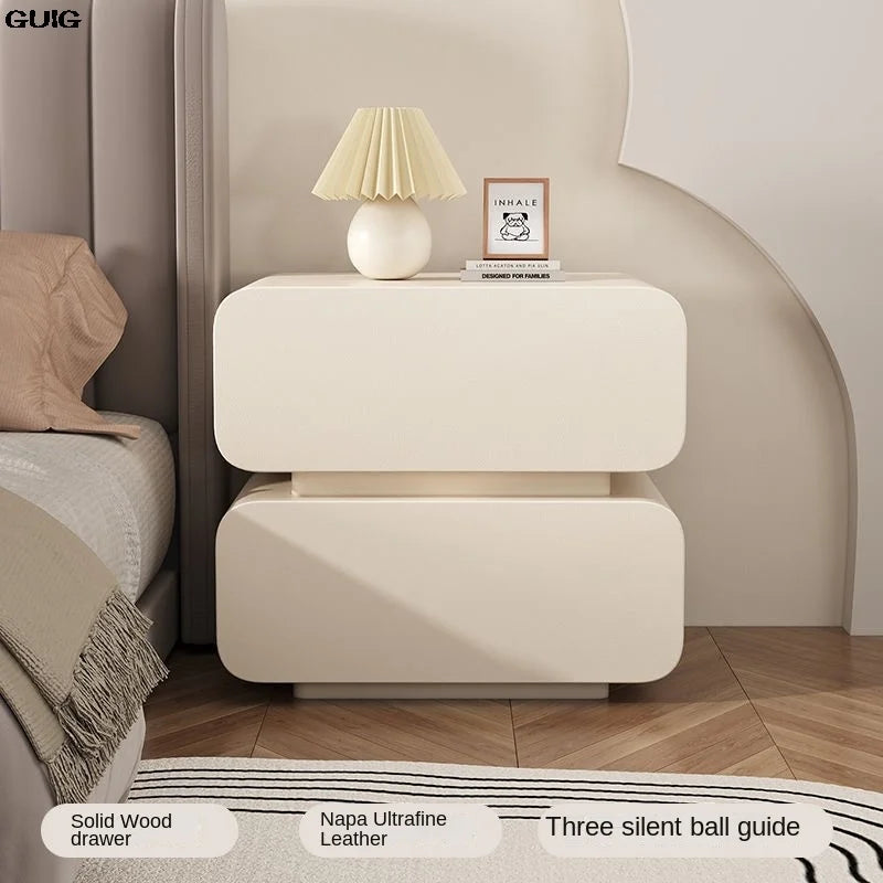 GUIG Modern Soft Microfiber Leather Abrasion-Scratch Resistant Curved Square Shaped Cream White Solid Wood Hidden Handles Two Drawers Nightstands/Colors-White/Dark Gray/Light Gray