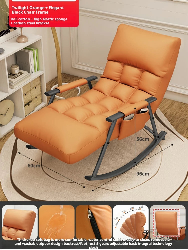 ANST Modern Adults Foldable-Adjustable Backrest-Five Gears Footrest-Armed Orange Faux Leather Polyester Fabric Triangle Stable Brackets Carbon Steel Base Nursery Rocking Chair/Colors-Orange/Blue/Pink/Gray