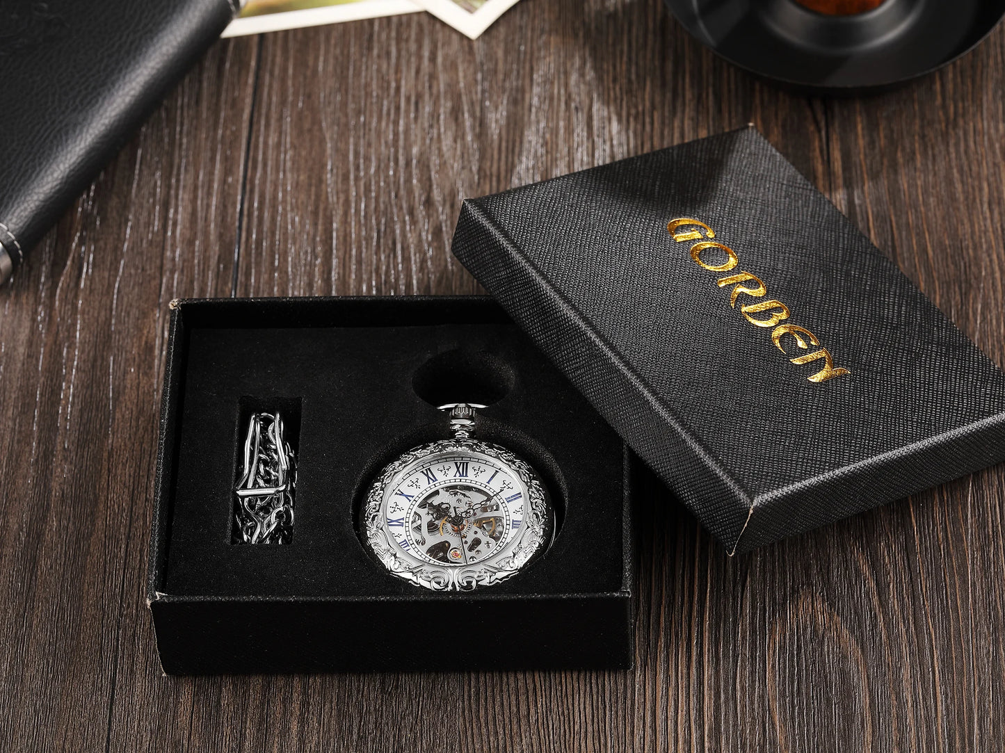 GORBEN Adults Manual Hand Wind Silver Hallow-Out Face Round Shaped Metal Alloy Case Analog Display Roman Numerals Pendant Chain-Pocket Watches/Optional: With Box-Without