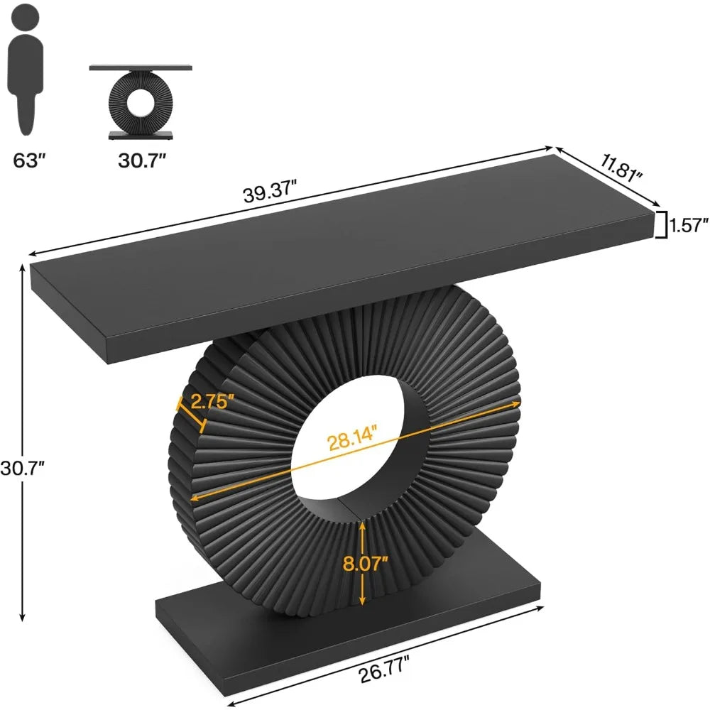TONGYUE Modern Black Thick Wood Top Narrow Long Entryway Geometric Round Flower Face Shaped Base Curved Lines Accents Console Tables/Colors-Black/White/Gray