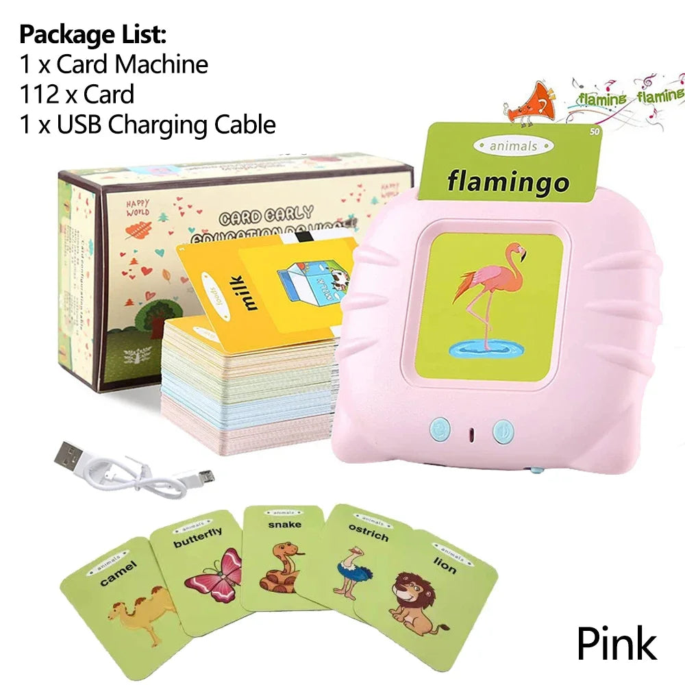 CHRIYUNGEL Kids Early Education English Talking Curved Edges Safe Non-Toxic Pink-Blue Plastic Square Built-In Battery Musical Electronic 112 Flashcards Audio Books Educational Flash Cards / USB Charging Cord/Ages: 3-8 Years Old