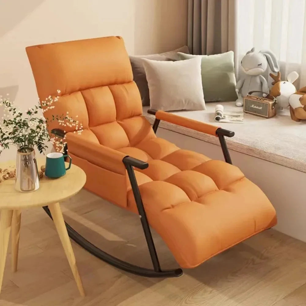 No-EN-Name-Null Modern Indoor-Outdoor Waterproof Five Gears Height Adjustments Linen-Velvet Soft Faux Leather Fabric Anti-Tipping Foldable Reclining Lazy Black Metal Frame Rocking Chairs/Colors-Beige/Orange/Gray/Side Pockets