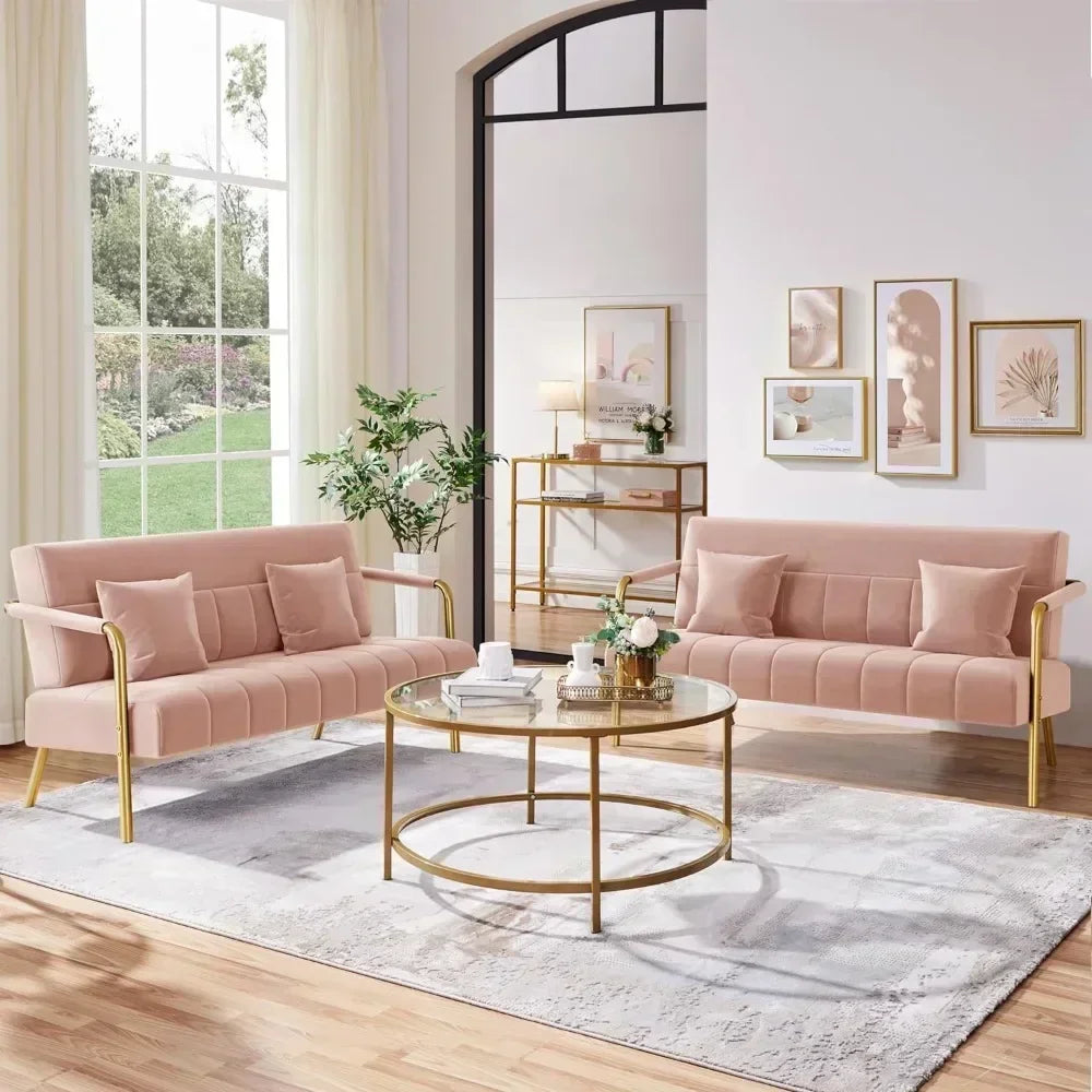No-EN-Name-Null Modern Gold-Tone Iron Metal Padded Armrests-Legs Pink Soft Polyester Fabric Thick Cushion 2-Seater Loveseat Sofas/Colors-Green/Pink/Light Gray/Two Matching Pink Pillows/Weight Max : 600 LBS