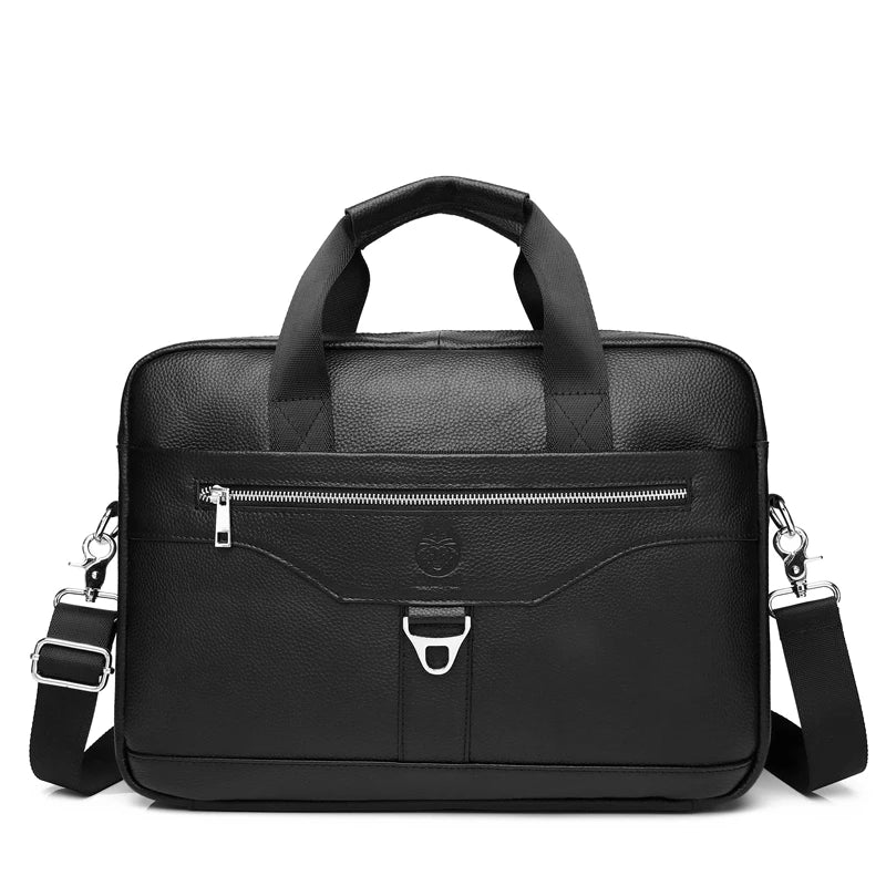 SCHLATUM Men Brown-Black Cowhide Leather Rectangle Shaped Two Handles-One Shoulder Strap Silver Metal Zipper Polyester Lining 15.6 Inch Single Laptop Compartment Briefcases /Colors-Black/Brown
