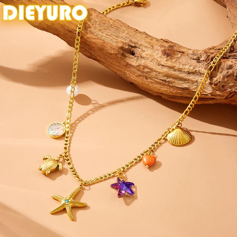 DIEYURO Adult Women Stainless Steel Gold-Plated Imitation Star-Pearl-Heart-Shell-Turtle-Starfish-Mood Tracker Pendant Chain Necklaces