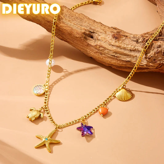 DIEYURO Adult Women Stainless Steel Gold-Plated Imitation Star-Pearl-Heart-Shell-Turtle-Starfish-Mood Tracker Pendant Chain Necklaces