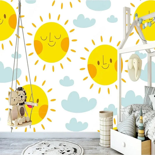 JIADOU Waterproof Custom Printed 3D Embossed Cartoons-Animals-Clouds-Sun-Starry-Sky-Nature Wood Fiber Wallpaper /Colors-Yellow/Blue/Multicolor/Animal/Requires Paste