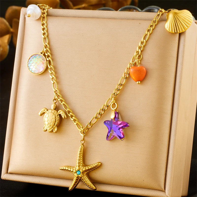 DIEYURO Adult Women Stainless Steel Gold-Plated Imitation Star-Pearl-Heart-Shell-Turtle-Starfish-Mood Tracker Pendant Chain Necklaces