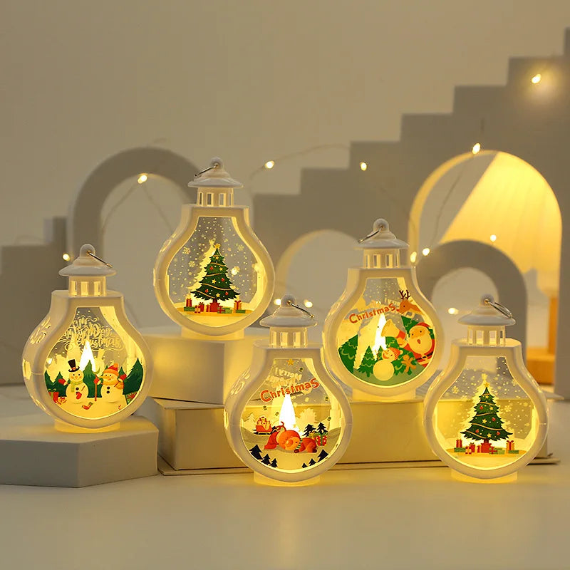 No-EN-Name-Null Festive Holiday Portable Warm White LED Electronic Components White Cap-Bottle Shaped Design Cute Cartoon Christmas Scenes-Santa Claus-Snowman-Reindeer Theme Hanging-Tabletop Wind-Proof Night Lights/ 3 AG10 Button Batteries